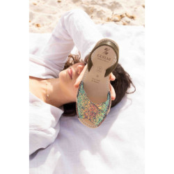 Comprar abarcas menorquinas con cuña para mujer color glitter bosque cruzada | Guelmi Shoes